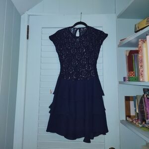 navy lace + tiered formal sparkly chiffon dress from Late Edition Petite size 6